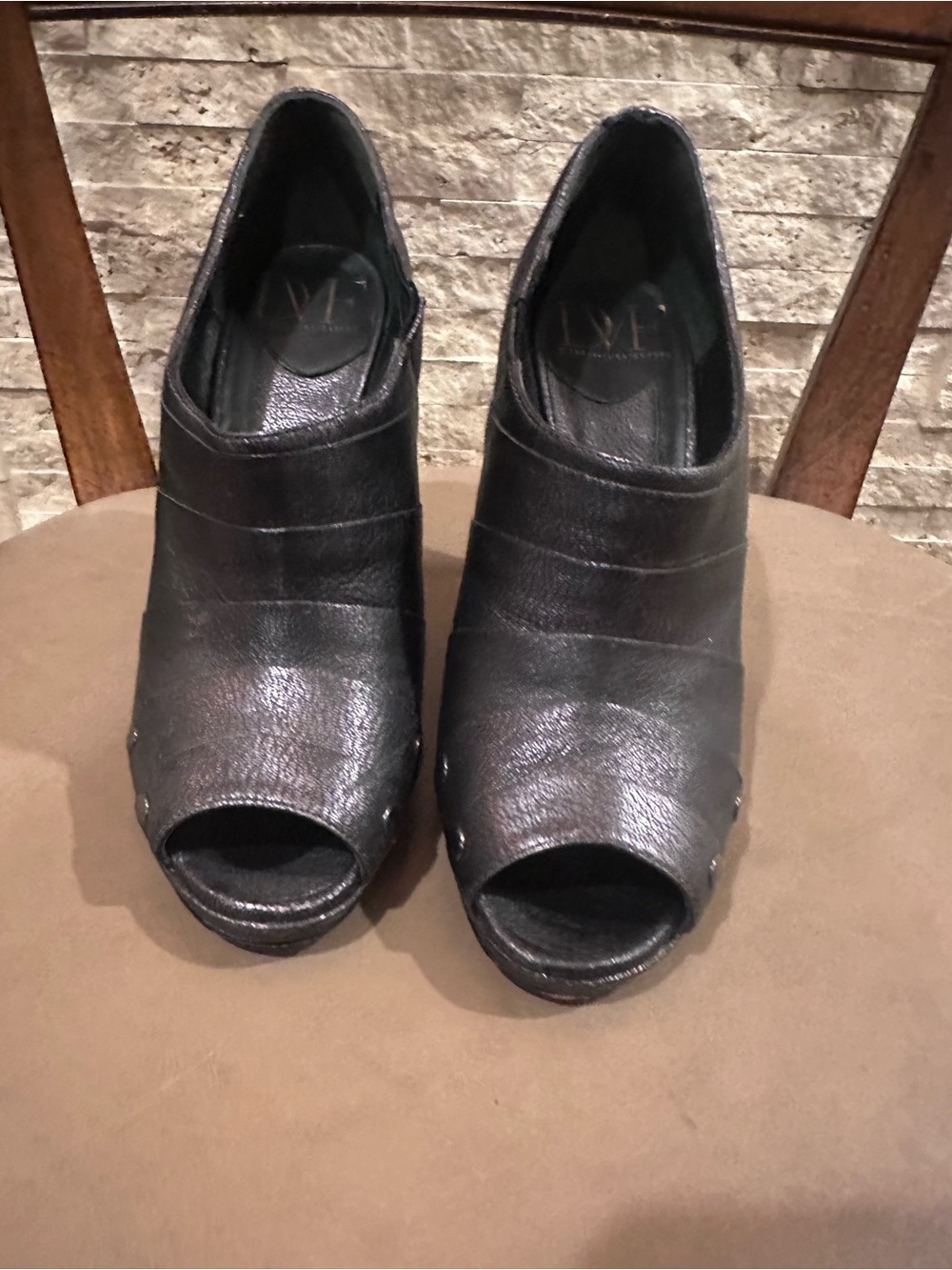 Diane Von Furstenberg Gunmetal Peep-Toe Leather platform heels